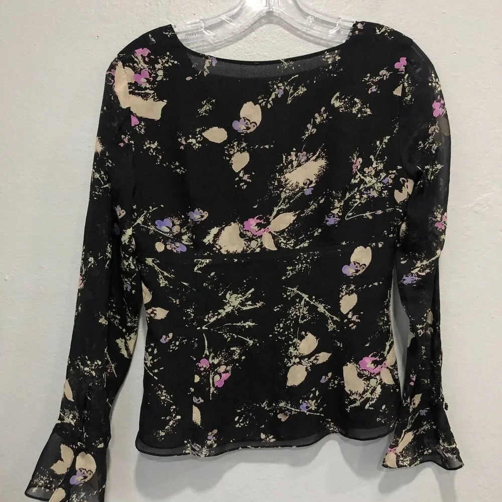 ann taylor 100% silk top xs small black leaves splat sheer chiffon dressy chic - Picture 5 of 14